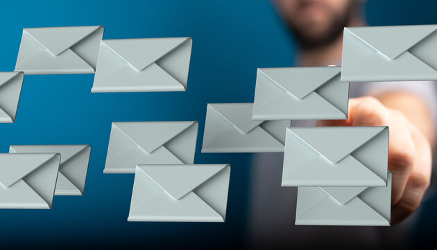 Abstract image of emails flying towards a hand, symbolizing digital communication, inbox, email marketing.