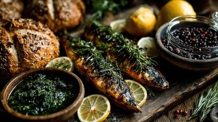 A beautifully arranged platter featuring grilled fish garnished with herbs, slices of lemon, and bowls of sauce, alongside artisanal bread.