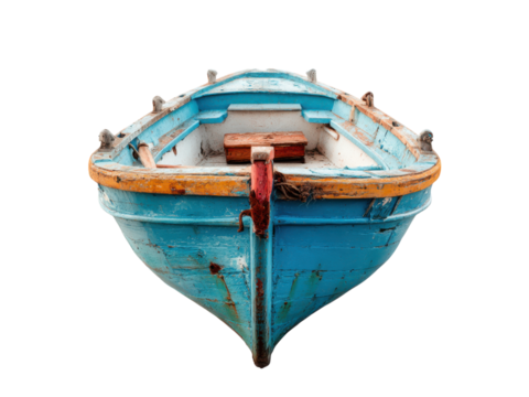 Weathered blue wooden fishing vessel with orange trim boat, Isolated, Png Transparent Background - Powered by Adobe