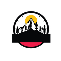 Vector art of mountain peak and pine trees with sun isolated on white background