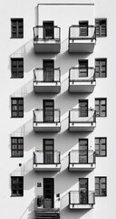 Modern apartment building facade, black and white, shadows