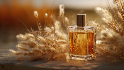 Amber perfume bottle, golden hues,  natural setting