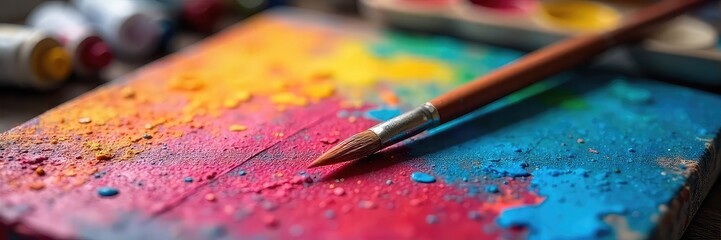 Fototapeta premium Close-up of a paintbrush resting on a vibrant, colorful artist's palette, surrounded by tubes of paint and a textured canvas , artistic, abstract background