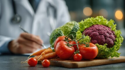 A close-up of fresh vegetables, including lettuce, tomatoes, and carrots, accompanied by a doctor in a lab coat, emphasizing healthy eating.