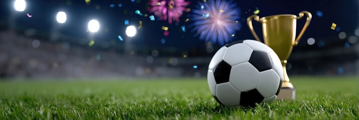 Victorious Night: Soccer Ball and Trophy on Pitch with Fireworks and Confetti.