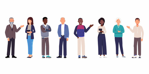 Diverse group of people standing and gesturing against a white background