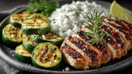 A delicious serving of grilled chicken breast accompanied by lightly seasoned zucchini slices and fluffy rice, perfect for healthy meal choices.