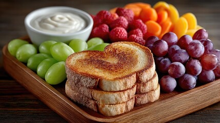 A delicious spread featuring heart-shaped toast alongside an assortment of fresh fruits and a bowl of creamy dip, perfect for breakfast or brunch.