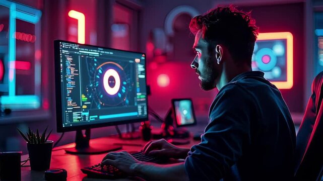 A man is sitting at a desk, focused on a computer screen displaying code and data visualizations in a neon-lit room.