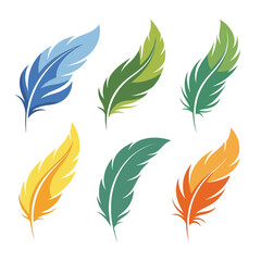 Vector art of collection of colorful bird feathers in blue, green, yellow, and orange, isolated on white background