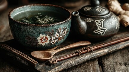 A rustic wooden tray holds an intricately designed teapot, a delicate bowl of green tea, and a wooden spoon, evoking warmth and relaxation.