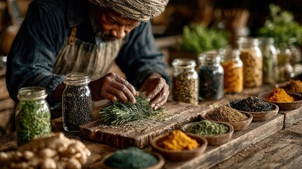 A skilled artisan carefully arranges fresh herbs and spices on a rustic wooden table, showcasing vibrant colors and natural textures in culinary art.