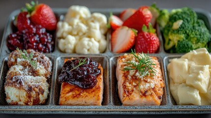 A vibrant, healthy meal tray featuring salmon, strawberries, broccoli, cauliflower, and pomegranate seeds, promoting fresh eating and nutrition.