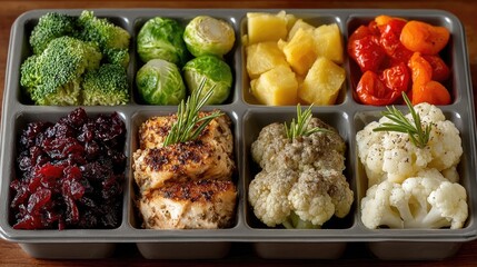 A vibrant, healthy meal prep box featuring grilled chicken, brussels sprouts, broccoli, mixed vegetables, and cranberries arranged in compartments.