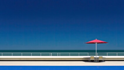 Red umbrella, poolside, ocean view