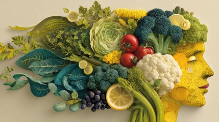 A vibrant and artistic display of fresh vegetables and fruits, forming a creative head, symbolizing health and wellness through nature's bounty.