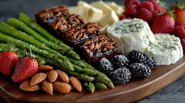 A vibrant and colorful display of fresh fruits, nuts, and cheeses arranged on a wooden platter, perfect for a delightful snack or appetizer.