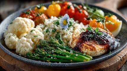 A vibrant and healthy meal featuring grilled chicken, assorted vegetables like asparagus, cauliflower, and colorful cherry tomatoes on a rustic plate.