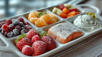 A vibrant and healthy platter featuring an assortment of fresh berries, citrus fruits, vegetables, and a creamy yogurt dip, perfect for nutritious snacking.
