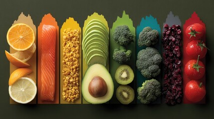 A vibrant arrangement of fresh ingredients including fruits, vegetables, and grains, perfect for promoting healthy eating and colorful cuisine.