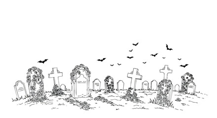 Vector Cemetery Scene Illustration with Tombstones and Flying Bats in Minimalist Line Style