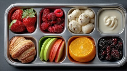 A vibrant assortment of fresh fruits, a croissant, and creamy yogurt presented in a sleek tray. Perfect for healthy lunches or snack ideas.
