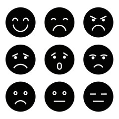 Fototapeta premium Vector art of collection of nine black and white emoji faces showing various emotions like happy, sad, angry, surprised, and neutral, isolated on white background
