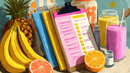 A vibrant collection of fresh fruits including bananas and oranges, with colorful smoothie jars and a recipe clipboard, perfect for healthy living.