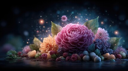 A vibrant composition of colorful flowers, depicting nature's beauty. The scene is illuminated with a magical glow, capturing a serene and enchanting atmosphere.
