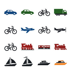 Vector art of collection of transportation icons including cars, bicycles, airplanes, trains, trucks, and boats isolated on white background