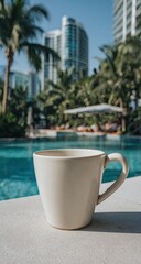 Fototapeta premium Creamy white coffee cup by pool, sunny day