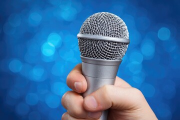 Hand holding a silver microphone against a blue bokeh background