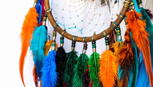 Colorful feathered dreamcatcher hanging against a white wall—symbolizing protection, tradition, and the delicate choreography of dreams.