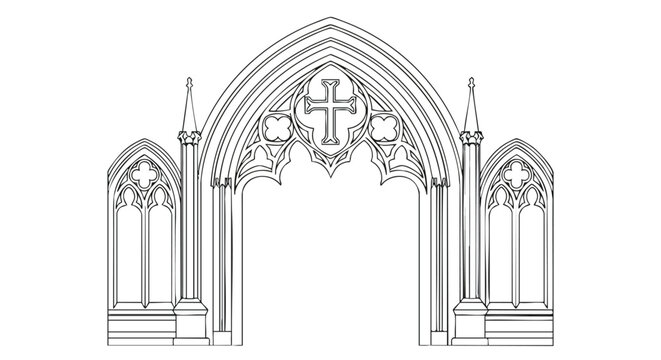 Gothic Arch Vector Illustration with Cross and Ornate Window Elements in Minimalist Style