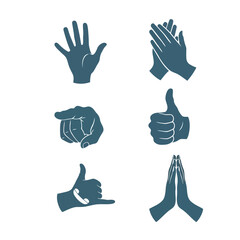 Obraz premium Vector art of collection of diverse hand gestures and symbols, including clapping, pointing, thumbs up, call me, and prayer, isolated on white background