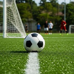 A soccer ball perfectly centered on a green soccer field with a white line, in front of a goal, with blurred players in the background.