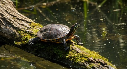 Obraz premium Alert Red-Eared Slider Basking on a Mossy Log as Dragonflies Fly Above the Pond