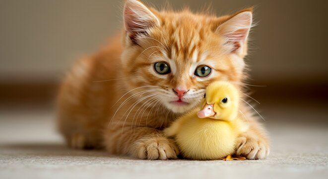 An Adorable Ginger Kitten with Green Eyes Gently Cuddles a Tiny Duckling