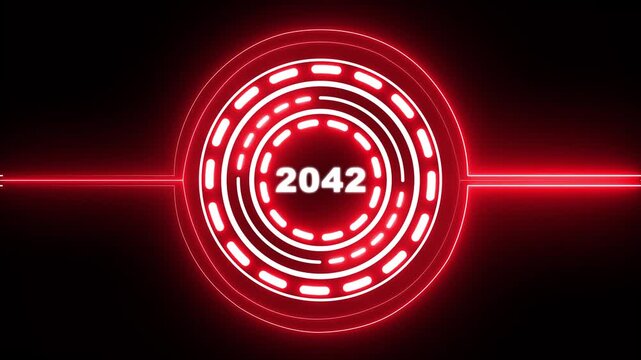2042 text with screen effects of technological failures. Concept of counting years. Past year technology concept on black background. 4k video animation