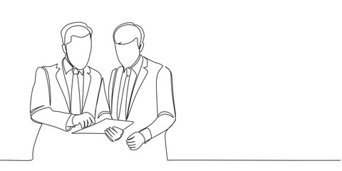Line art Illustration of businessman discussion about project at workplace thoughtful. Single continuous line art style