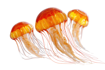 Three vibrant orange and yellow jellyfish against a black background.  They are translucent, with intricate, thin, red tendrils.  The jellyfish bodies display a gradient of colors