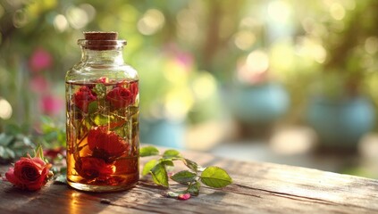 Amber rose oil in vintage bottle on rustic wood
