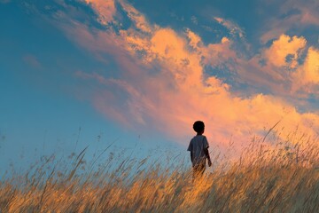 Obraz premium Child standing in golden field at sunset