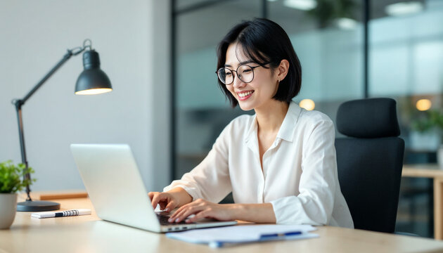 Smiling Asian woman with glasses working on laptop in bright modern office.
