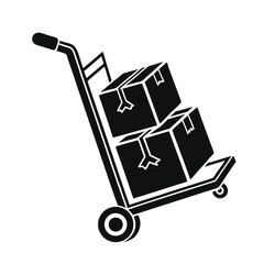 Silhouette of a hand truck carrying stacked cardboard boxes. A simple icon for logistics, delivery, and moving services.
