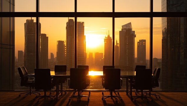 Empty conference room overlooking a cityscape at sunset