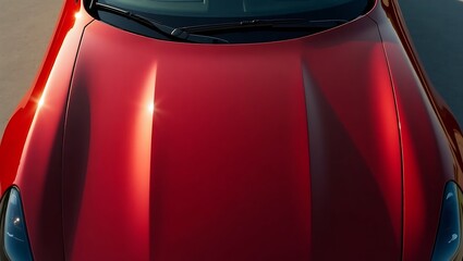 A top down view of a red car hood with a windshield and headlights in sharp focus and bright lighting
