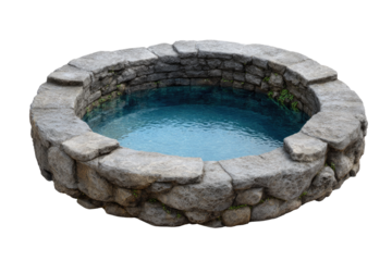 Circular stone well with still blue water