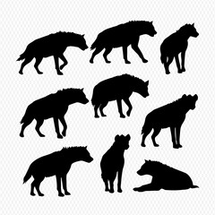A collection of nine black hyena silhouettes in various poses, including walking, standing, and resting.