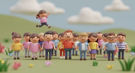 Obraz premium Cheerful Crowd of 3D Characters on a Hillside, with One Girl Leaping Joyfully
